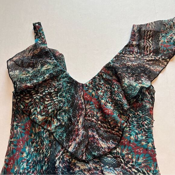 Signature by Robbie Bee Dress Long Cascading Ruffle Size 6 Turquoise/red multi - Picture 6 of 13